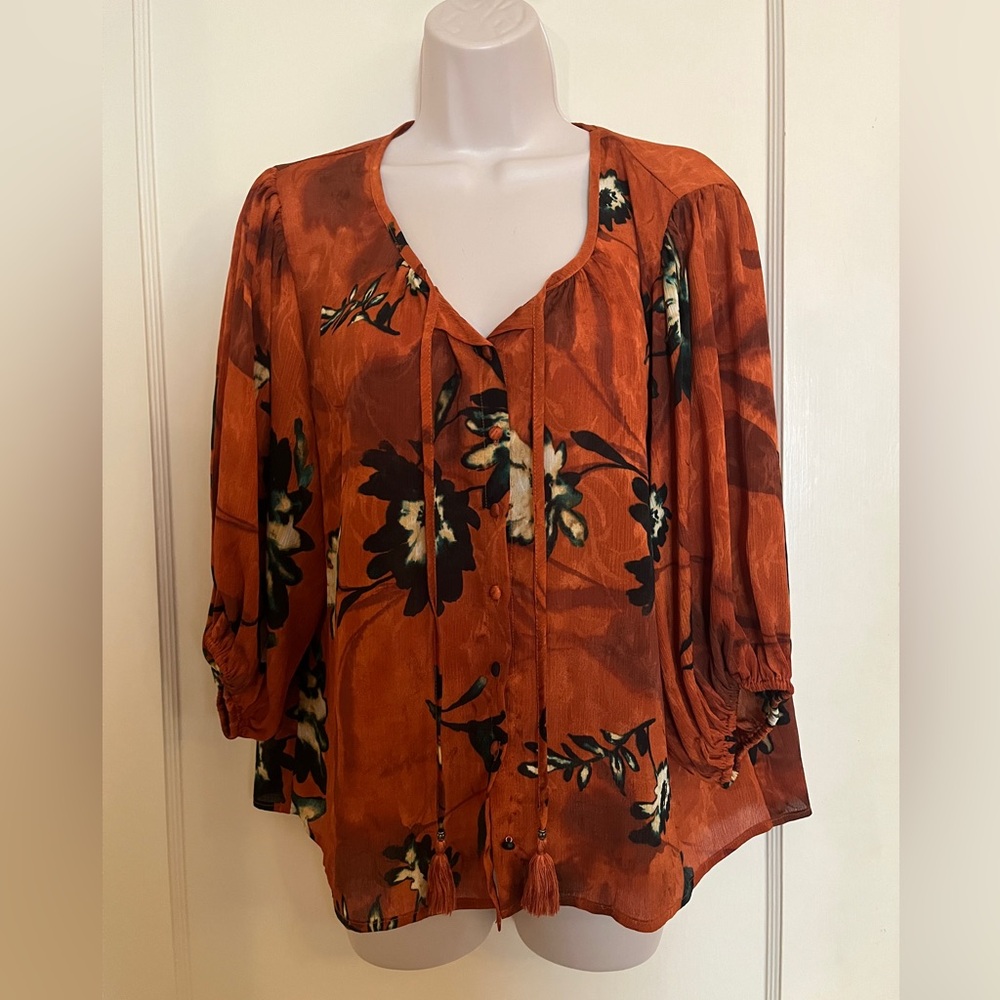 Lovestitch Burnt Orange Floral Button Down Peasant Style Blouse